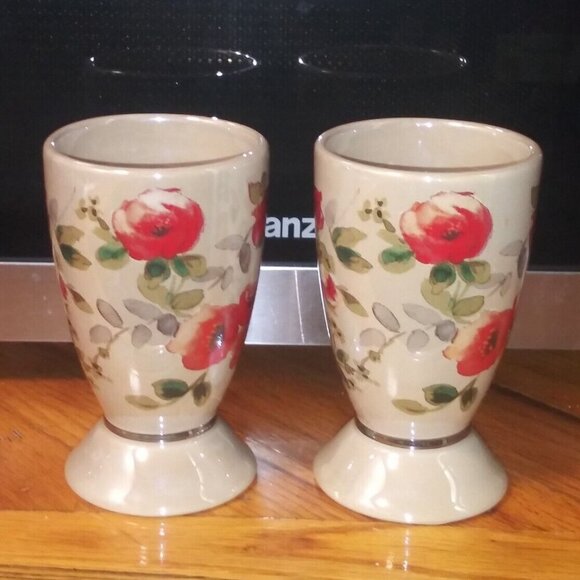2 VTG Lenox Wamsutta Springs Tumblers Bathroom Floral glazed Ceramic taupe beige - Picture 2 of 12